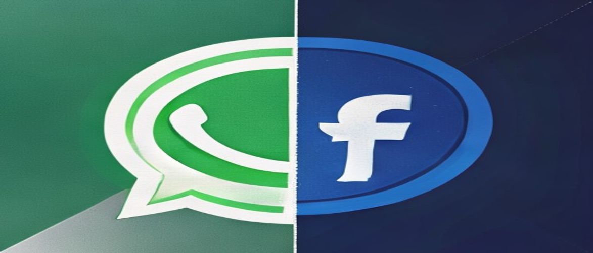 A split-screen graphic showing the WhatsApp logo with a Meta/Facebook icon subtly in the background on one side, and the Signal logo with a shield icon representing security on the other. | 